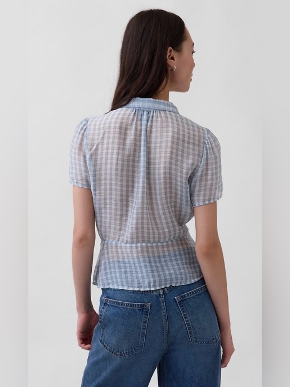 GAP sheer peplum button-front top, blue and white check, size L, NWT - Picture 4 of 9